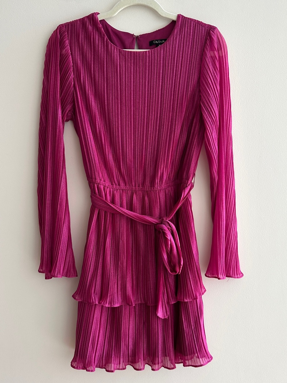 City Studio Cocktail Party Long Sleeve Ruffle Belted Mini Dress, Fuchsia, Medium